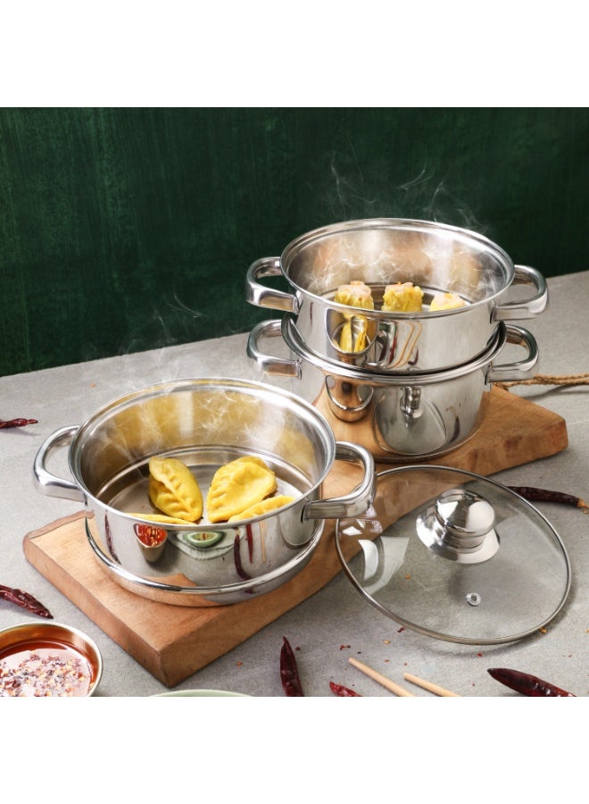 Vinod Stainless Steel 3-Tier Steamer with Glass Lid, 26 cm | 2.5 mm Thick Base | Multi-Purpose Steamer for Momos, Modaks, Vegetables & More | Riveted Handles | Induction & Gas Base - Image 4